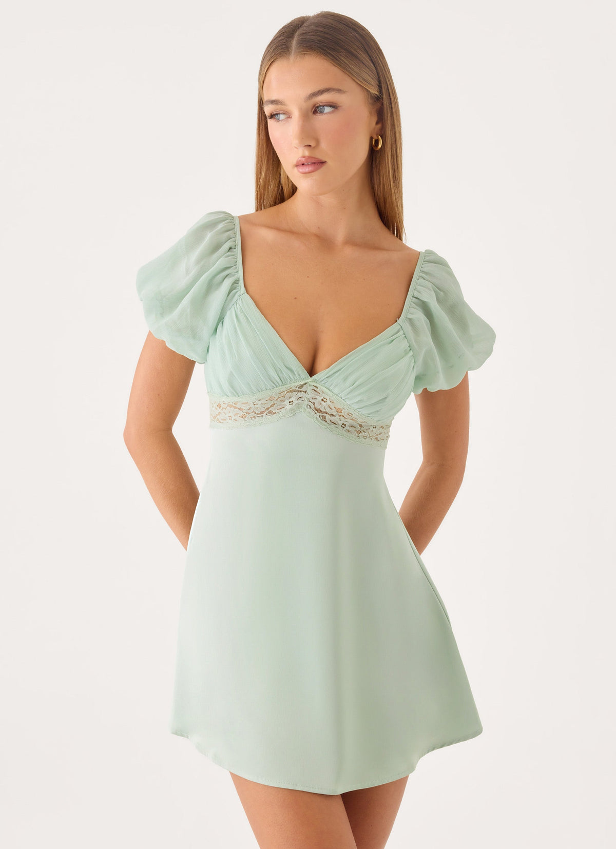 V-Neck Lace Satin Mini