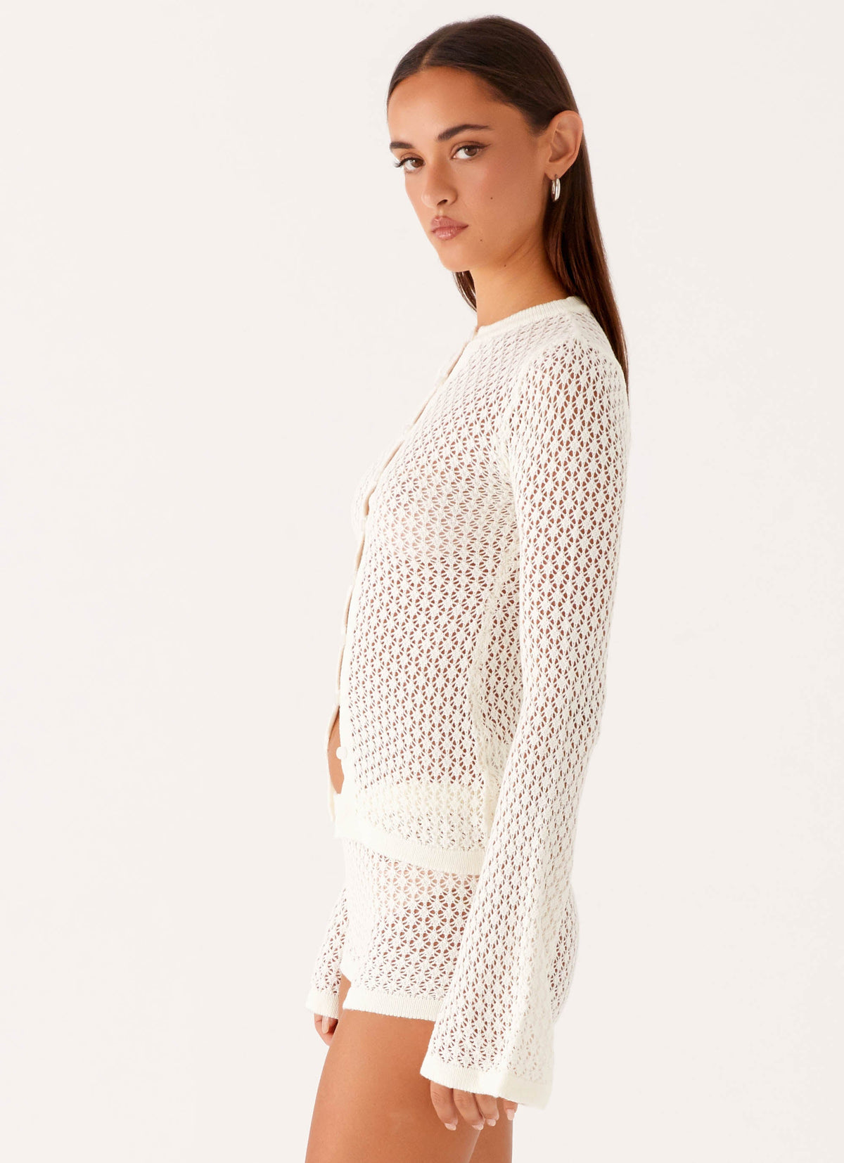 Semi-Sheer Crew Neck Crochet Cardigan